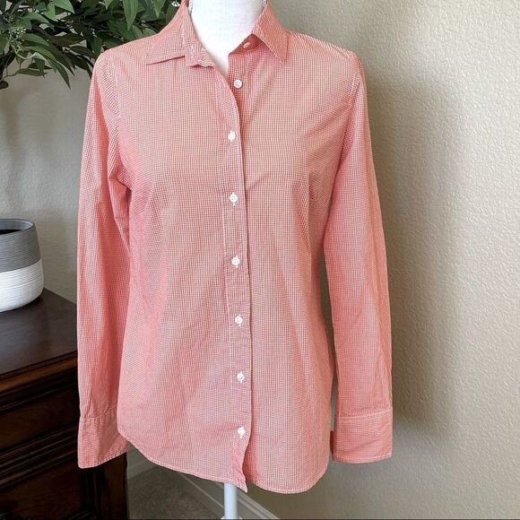 {J. Crew} Perfect Shirt in Microgingham Orange & White Plaid Button Down Top 2 - Picture 2 of 3
